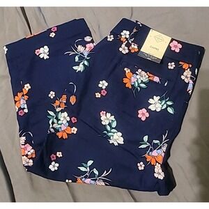 St Johns Bay Capris Womens 8 Mid Rise Floral Button Zip Fly Pockets Navy